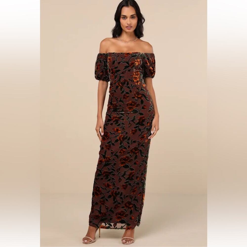 Lulus Confidently Impressive Brown Velvet Off-the-Shoulder Maxi Dress Size XS
